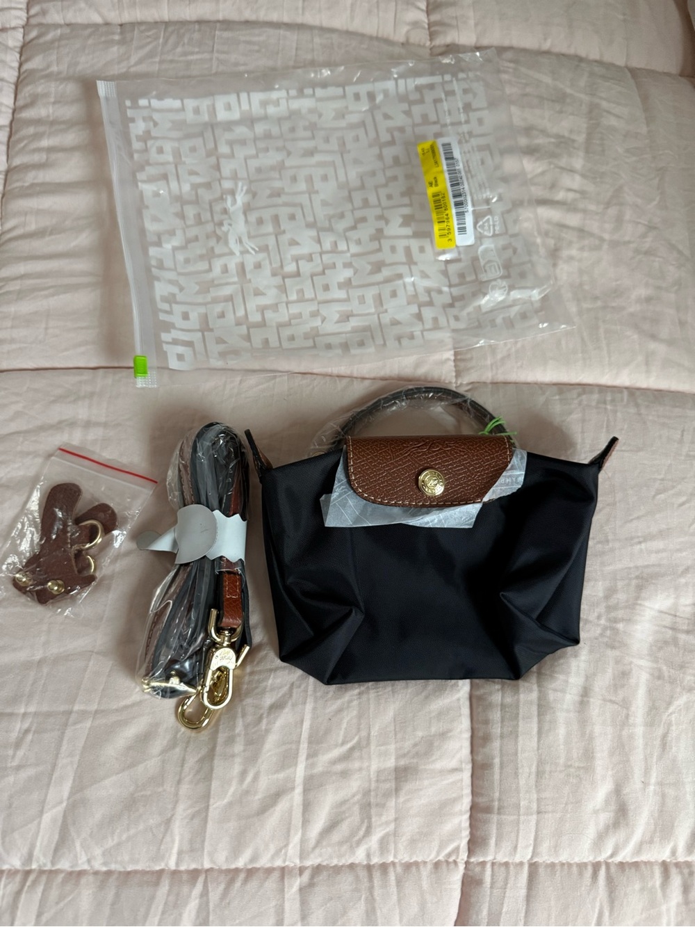 New Longchamp Black Nylon Mini Bag with Brown Leather Flap